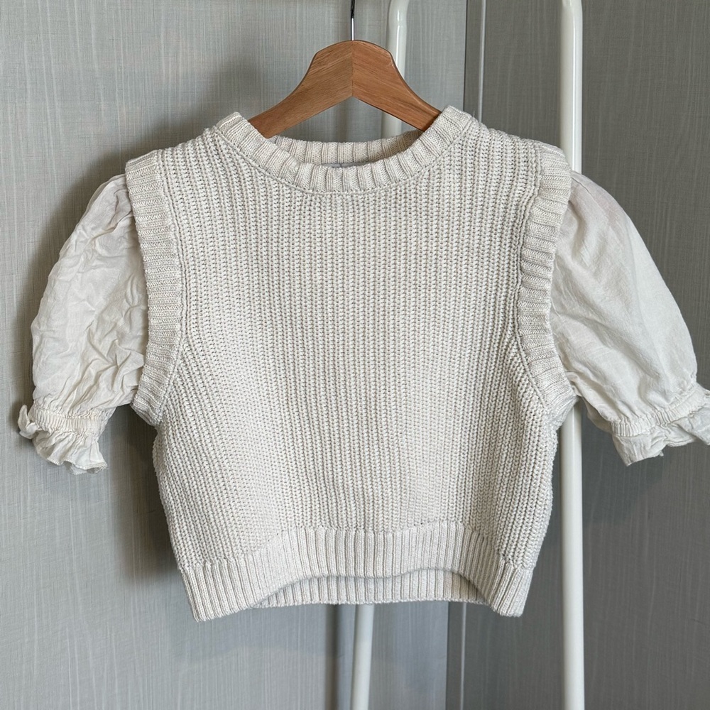 Zara Cream Knit Crop Top with Puff Sleeves